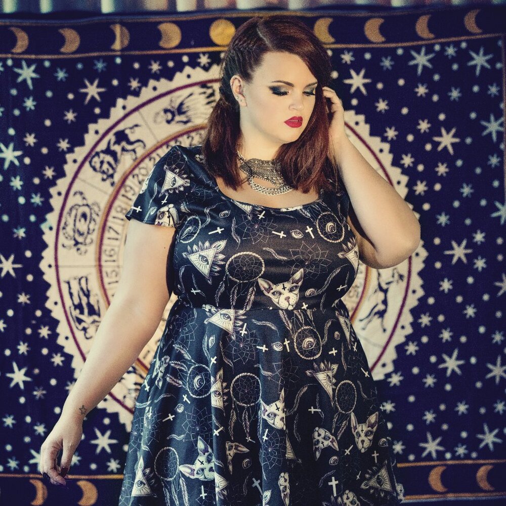 Hell Bunny Sphynx Cat/Evil Eye Dress 3X - Hell Bunny Gothic Skater Dress… - Picture 4 of 4